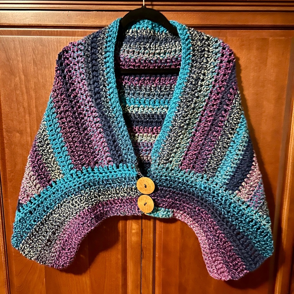 Handmade Crocheted Multicolor with Purple Hue Women’s Shawl/Shrug Button Closure